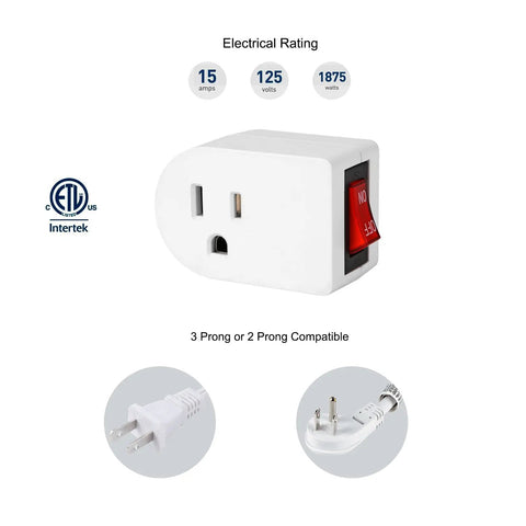 Grounded Outlet With On Off Switch Wall Tap Adapter Single Outlet Power Switch 15A 125V 1875W 3 Prong Plug ETL Listed
