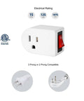 Close-up of Grounded Outlet With On Off Switch 15A 1875W 3 Prong Power Outlet White ETL Listed Pack Of 4 with indicator light.