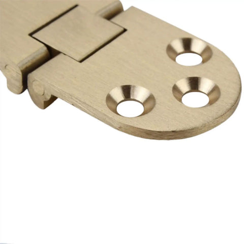 Close-up of Dual Set Semi-Circular Folding Table Hinges with 180 Degree Rotation for cabinets and countertops, copper alloy material.