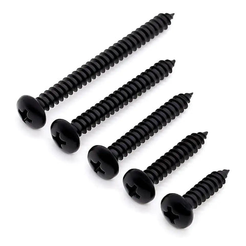 Pro Grade Phillips Pan Head Self Tapping Screws, Black Coated 304 Stainless Steel, 5 sizes for wood or sheet metal.