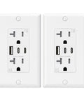 Plug And Play Twenty Amp Wall Outlet Featuring Three USB Ports With Dual Type C Outputs, white tamper resistant faceplate.
