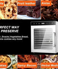 No Sweat 10 Tier Electric Food Dehydrator With Stainless Steel Shelves And Simple Digital Controls for making dried fruits and snacks.