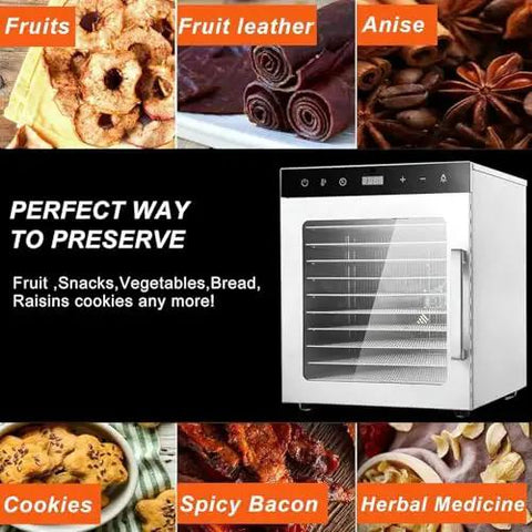 Heavy Duty 10 Tray Electric Food Dehydrator With Stainless Steel Rack And Digital Timer for drying fruits and making snacks.