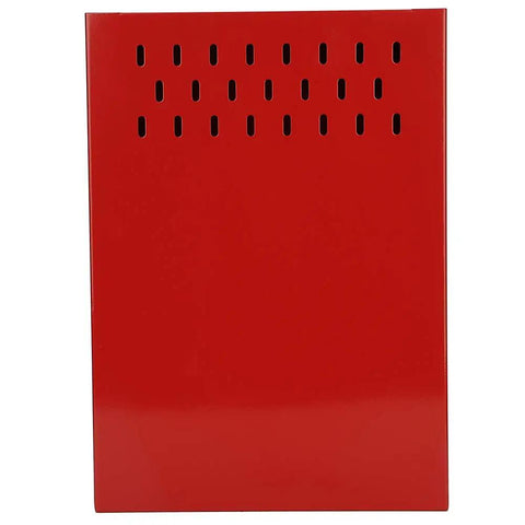 Premium Red Coffee Knock Box For Espresso Grounds With Cushioned Rubber Rod And Antislip Base, sleek red finish and perforated top view.