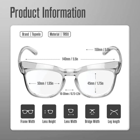Detailed dimensions of 4 Pack Dope Anti Fog Safety Glasses For Men And Women With 1.5 Diopter ANSI Z87.1 Protective Eyewear