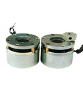 Two silver micro power-loss electromagnetic holding brake units (BISS) with top mounting flanges and wired coils.