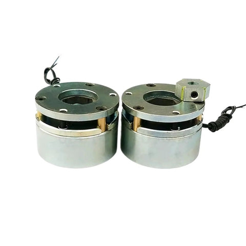 Front view of two silver cylindrical electromagnetic brake units with flange mounts and central hubs, wired.