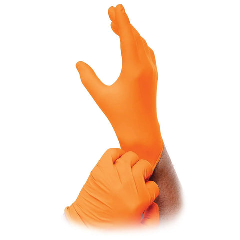Hand wearing Orange Lightning Gloves OR-L Large Work-Ready For Industrial Medical Food Service And General Use First Responder Grade