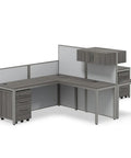 Dual L Shaped Office Cubicle Workstation With Roll Along File Cabinet And Chill Gray Desktop Layout For Squad Collaboration, featuring mobile filing and privacy dividers.