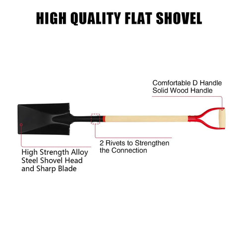 High quality flat Heavy Duty Spade Shovel with Wooden D Handle for digging and edging, square flat blade, 45 inch