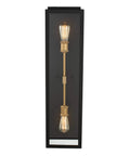 Contemporary Outdoor Wall Sconce Featuring A Sleek Matte Black And Sanded Gold Design Ideal For Front Porch Or Patio Lighting Medium Bulb Base Supports 40 Watts Total Game Changer That Completely Brings The Vibe To Any Modern Exterior. Matte black wall light with sanded gold detailing and two bulbs, ideal for exterior spaces.