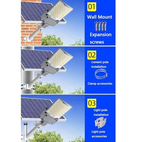 Heavy Duty Solar Street Light With Dang Bright 6000 Lumens and Heckin Wide 320 Degree Coverage installation guide showing mounting options.
