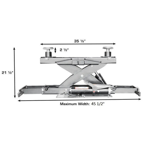 Heavy Duty Air Hydraulic Rolling Jack With 7000 Lb Capacity And Ultra Low Profile For Smooth Vehicle Access Tank Built ALI Certified Double Screw Up Adapters Included side view with dimensions shown