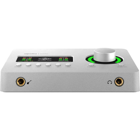 Front view of Apollo Solo Heritage Edition Desktop 2x4 Thunderbolt 3 Audio Interface With Unison Preamps And Killer Neve API Manley.