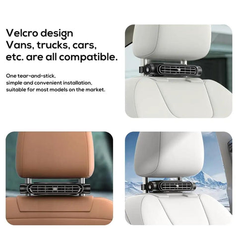 Portable Car Headrest Cooling Fan With 3 Speed USB Power Rear Seat Air Blower on white and brown seats in vehicle interiors.