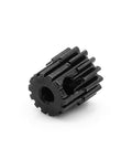Close-up of a gear from the 48DP Metal Pinion Gear Set For 1/18 RC Cars 2.3mm Shaft, showing a 14T hardened steel pinion with CNC finish.