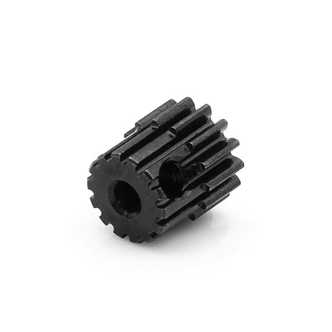 Close-up of a gear from the 48DP Metal Pinion Gear Set For 1/18 RC Cars 2.3mm Shaft, showing a 14T hardened steel pinion with CNC finish.