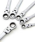 22 Piece Flex Head Ratcheting Wrench Set With SAE And Metric Sizes In Chrome Vanadium Steel, detailed wrench heads visible.