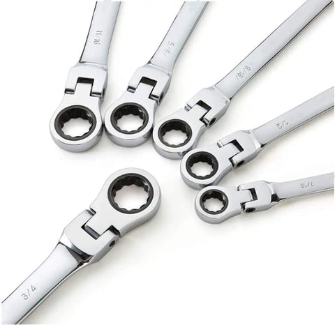 22 Piece Flex Head Ratcheting Wrench Set With SAE And Metric Sizes In Chrome Vanadium Steel, detailed wrench heads visible.
