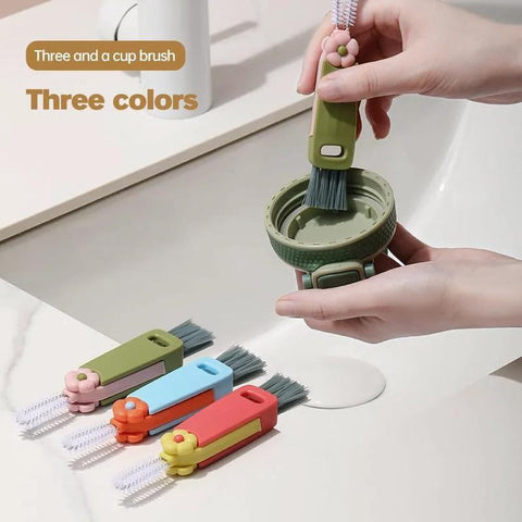 3-in-1 cup lid gap cleaning brushes set, 3 pcs in green, blue, pink with bristle heads and flower accents