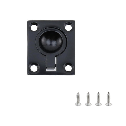 Front view: Pastlla boat hatch pull flush lift on black square mounting plate with round knob and four screws