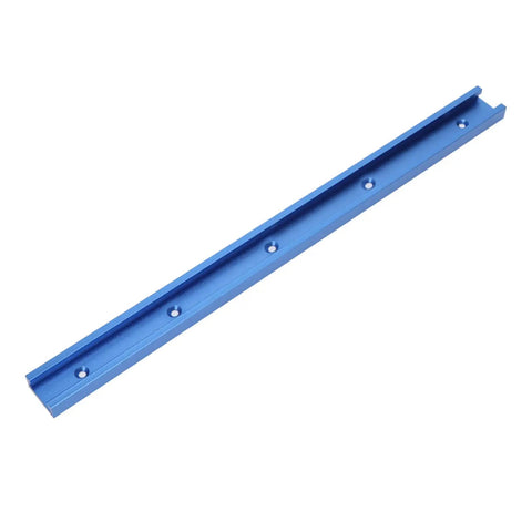 Blue anodized guide rail of Beefy Aluminum T Track Miter Jig For Router Table, showing length and precision drill holes.