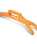 Dual Notch Safety Push Stick with loop handle and front/rear notches, shown in orange, for miter saw, table saw, jointer, band saw.