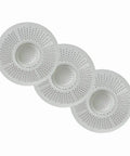 Three white drain cover hair catcher for shower and bathtub 3 pack that keeps hair out and prevents clogs while letting water flow freely