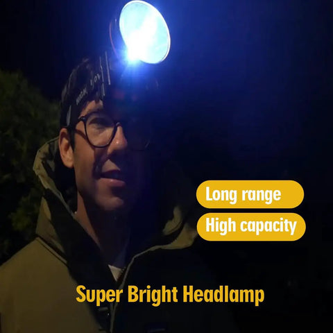Ultra Bright Rechargeable LED Headlamp For Outdoors And Camping Gear Hands Free Spotlight For Fishing And Night Work 2600 Feet Long Range Beam Battery Powered Headlight Large Rugged Design illuminating in night scene