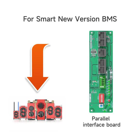 Plug And Play Smart BMS Interface Board For Parallel Battery Banks And Inverter Hookup With RS485 CAN RS232 Ports and Hassle Free Bluetooth App Control For Residential Power Upgrades, showing a circuit board with connections.