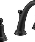 Woodhurst Matte Black 8 Inch Widespread Bathroom Faucet For 3 Hole Sink With Metal Push Pop Drain displaying dual handles