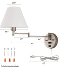 Swing Arm Wall Lamp With Plug In Design Dimmable Light USB Charging Port White Fabric Shade Nickel Finish Ideal For Bedside