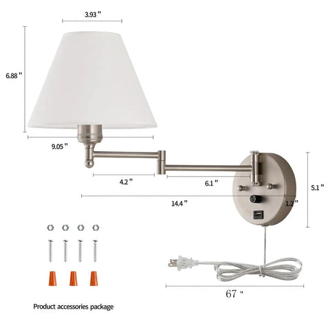 Swing Arm Wall Lamp With Plug In Design Dimmable Light USB Charging Port White Fabric Shade Nickel Finish Ideal For Bedside