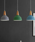 KCEYANB Adjustable Height Pendant Light Modern Simplicity Metal Hanging Lamp in gray, green, and blue with wooden accents.