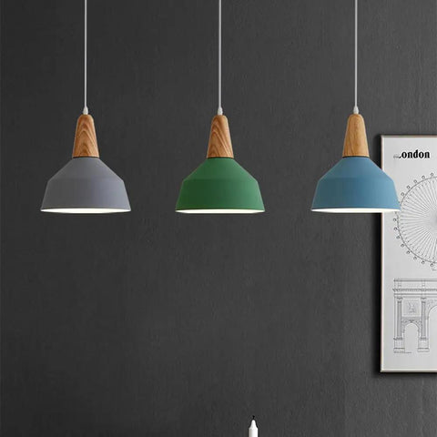 KCEYANB Adjustable Height Pendant Light Modern Simplicity Metal Hanging Lamp in gray, green, and blue with wooden accents.