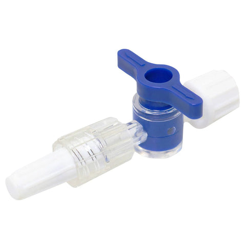 Blue 2-way stopcock valve with Luer-lock connectors and clear tubing adapters
