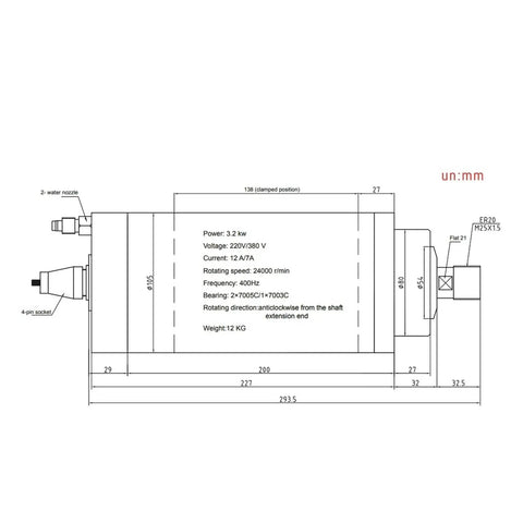 Diagram of Heavy Duty 3.2Kw Water Cooled Spindle Motor Loaded With Er20 Collets with technical specifications and dimensions.