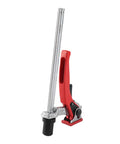 Heavy Duty Hold Down Clamp With Ratchet Mechanism For Bench Dogs And Woodworking, Pro Grade Workbench Clamp in red and silver