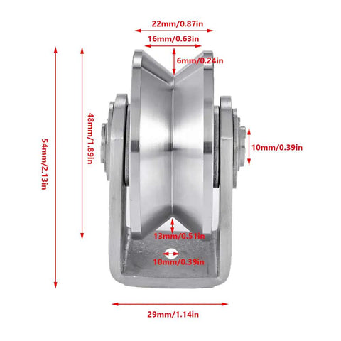 Two Inch Stainless Steel V Groove Gate Roller Wheel With Dual Ball Bearings For Effortless Sliding And Swing Gate Track Movement Heavy Duty Construction Built Tough To Roll Smooth Daily, side view with measurements.