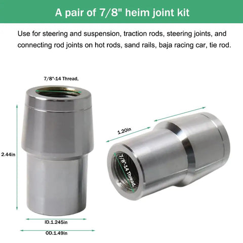 Heavy Duty 7/8 Inch Heim Joint Rod End Kit With 0.875 Threads showing two chrome rod ends with 7/8-14 thread for suspension builds.