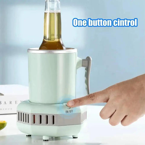 Portable Electric Drink Chiller With Aluminum Mug Keeps Your Beverages Ice Cold Fridge Free for Beer Soda And Coffee in use, beer bottle cooling.