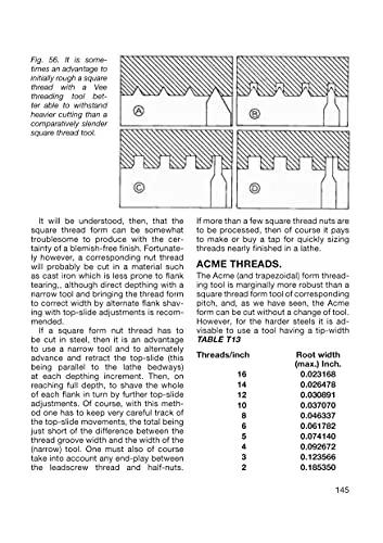 Open page from screwcutting in the lathe manual with thread diagrams and a threads-per-inch chart.