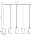 Diagram of Five-Light Mason Jar Chandelier For Kitchen Island Farmhouse Linear Pendant Light Fixture With Matte Black Finish.