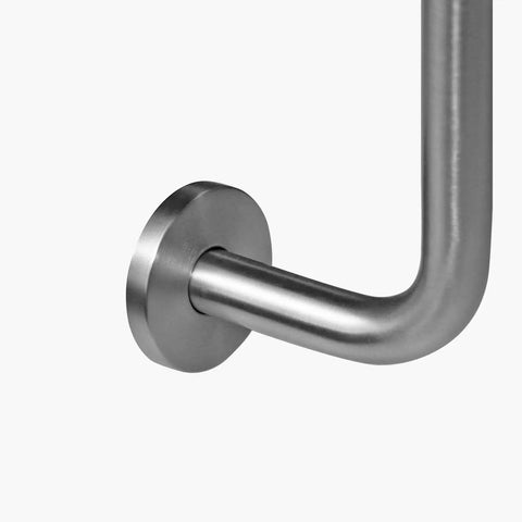 Offset Brass S Style Shower Arm Extension With 1/2 NPT Connection, Brushed Nickel Finish, close-up view of wall mount