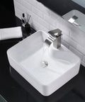 White Vessel Sink With Gold Faucet And Drain, 18x13 Inch Above-Counter Rectangle Ceramic Porcelain Bathroom Basin, Sleek Modern Design