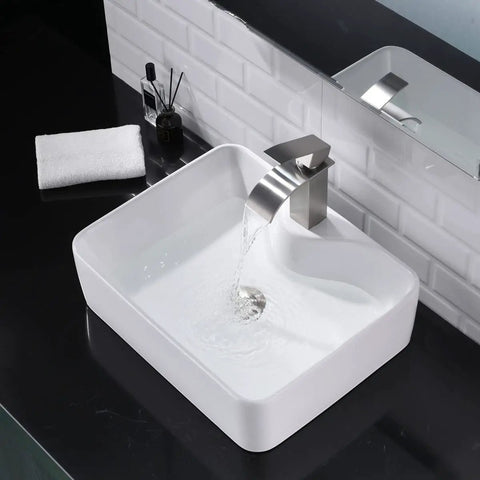 White Vessel Sink With Gold Faucet And Drain, 18x13 Inch Above-Counter Rectangle Ceramic Porcelain Bathroom Basin, Sleek Modern Design