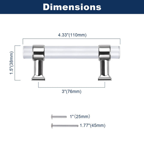 Dimensions of 5 Pack Polished Chrome Acrylic Cabinet Pull Handles For Kitchen Drawers And Bathroom Cabinets, 3 Inch Center To Center.