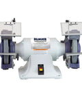 Badass 8 Inch Bench Grinder With 1 Horsepower Motor And 115 230V Dual Voltage Setup Featuring Integrated Dust Collection System For Zero Drama Shop Sessions, front view showing grinding wheels.