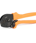 Power Wire Crimping Tool For 15, 30, And 45 Amp Quick Disconnect Terminals with orange easy-grip handles, side view.