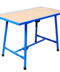 Heavy Duty Foldable Workbench Featuring Tough As Nails Steel Frame And Premium Wood Top, No Sweat Assembly For Garage Or Home Shop, 660 Lb Load Capacity, Blue with a wooden top and blue steel frame.